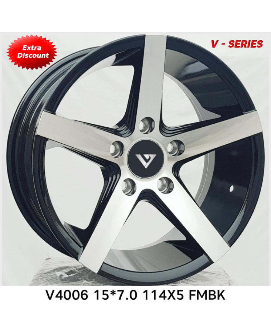 V-4006 in FMBK finish. The Size of alloy wheel is 15x7 inch and the PCD is 5x114.3(SET OF 4)