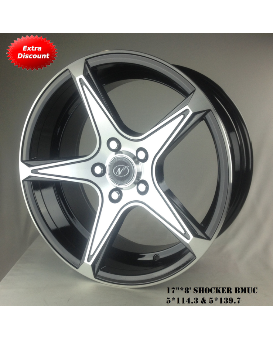 Shocker 17in BM Finish The Size of alloy wheel is 17X8 inch and the PCD is 5x114.3SET OF 4)