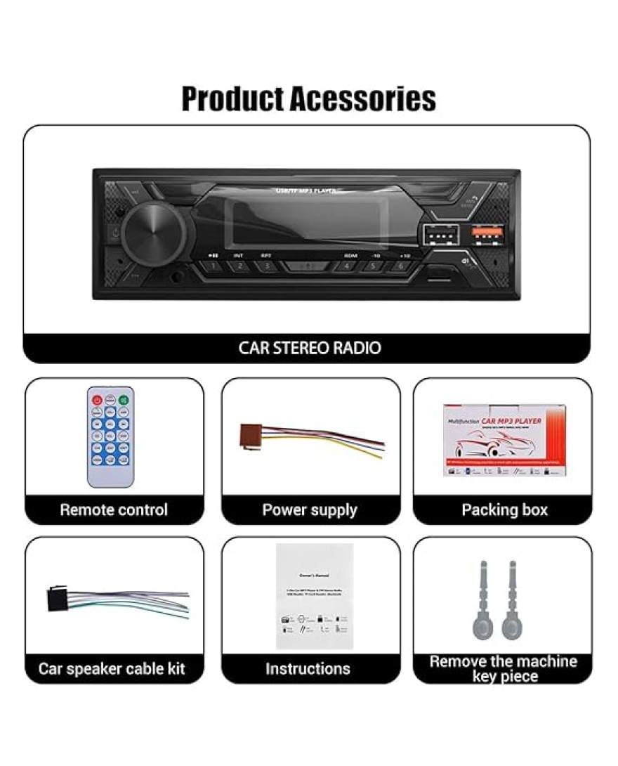 Audio Wheels Car Radio Bluetooth Single DIN Car Stereo Audio, MP3 Player Car Stereo 1 DIN with Bluetooth Handsfree/FM/Dual USB/TF/AUX/EQ/Quick Charge, with Wireless Remote Control | S 720