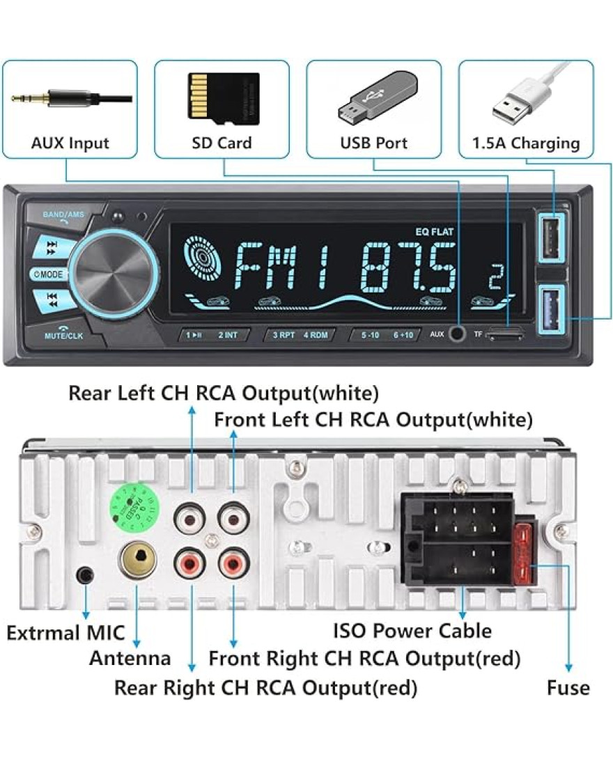 Audio Wheels Car Radio Bluetooth Single DIN Car Stereo Audio, MP3 Player Car Stereo 1 DIN with Bluetooth Handsfree/FM/Dual USB/TF/AUX/EQ/Quick Charge, with Wireless Remote Control | S 820