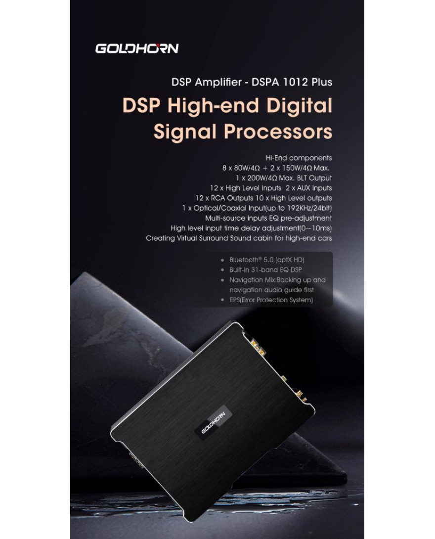 Goldhorn DSPA 1012 Plus | 12 input and 24 output | outputting up to 80W per channel for eight channels |150W per channel for two channels