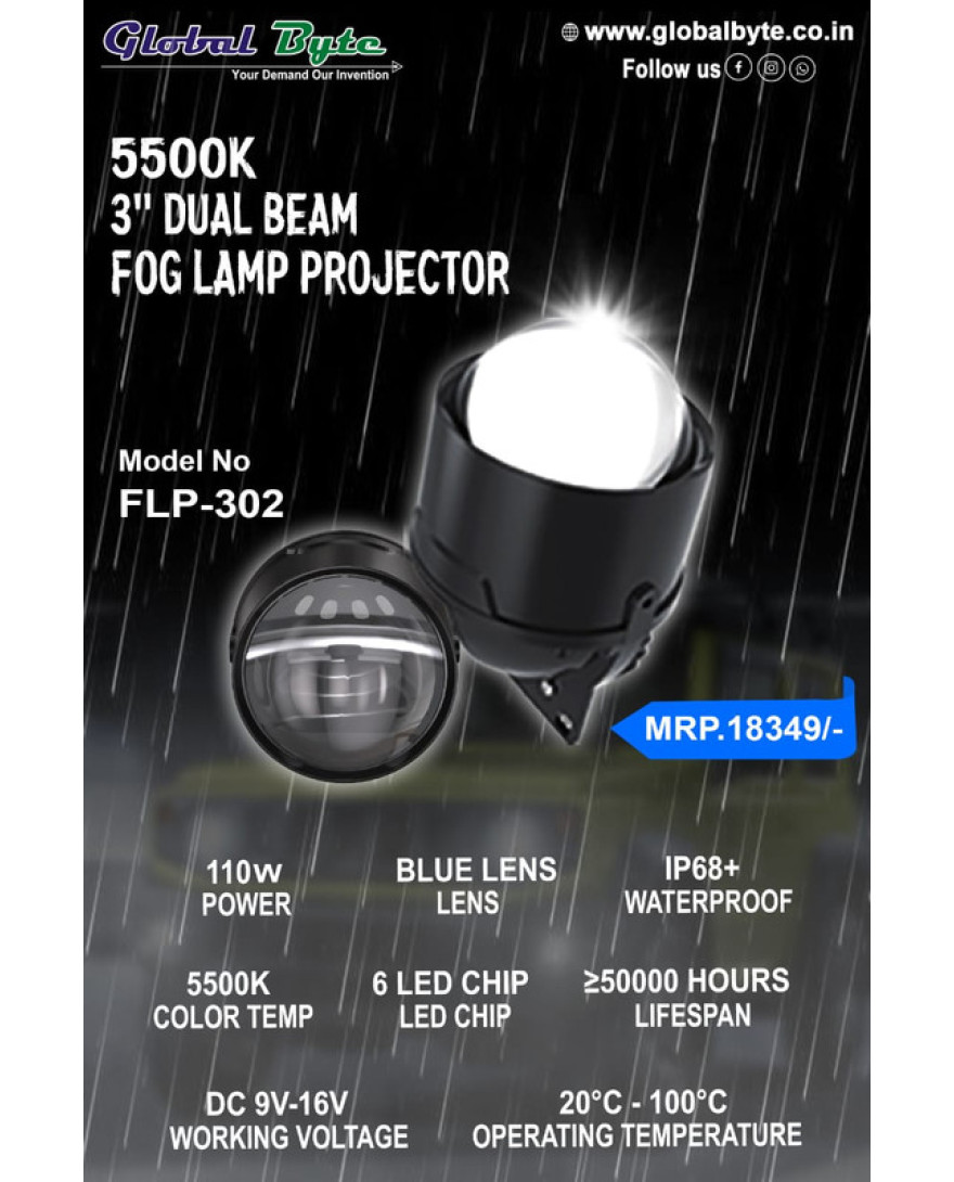 Global Byte 3 inch Dual Beam Fog Lamp Projector Double Cup FLP-302C