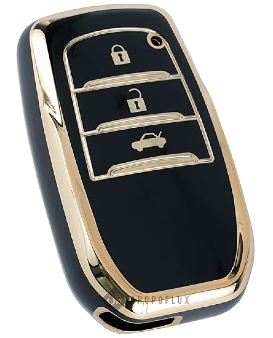 Keycare TPU Key Cover For Fortuner, Innova 2 Button Smart Key | TP32 Gold Black