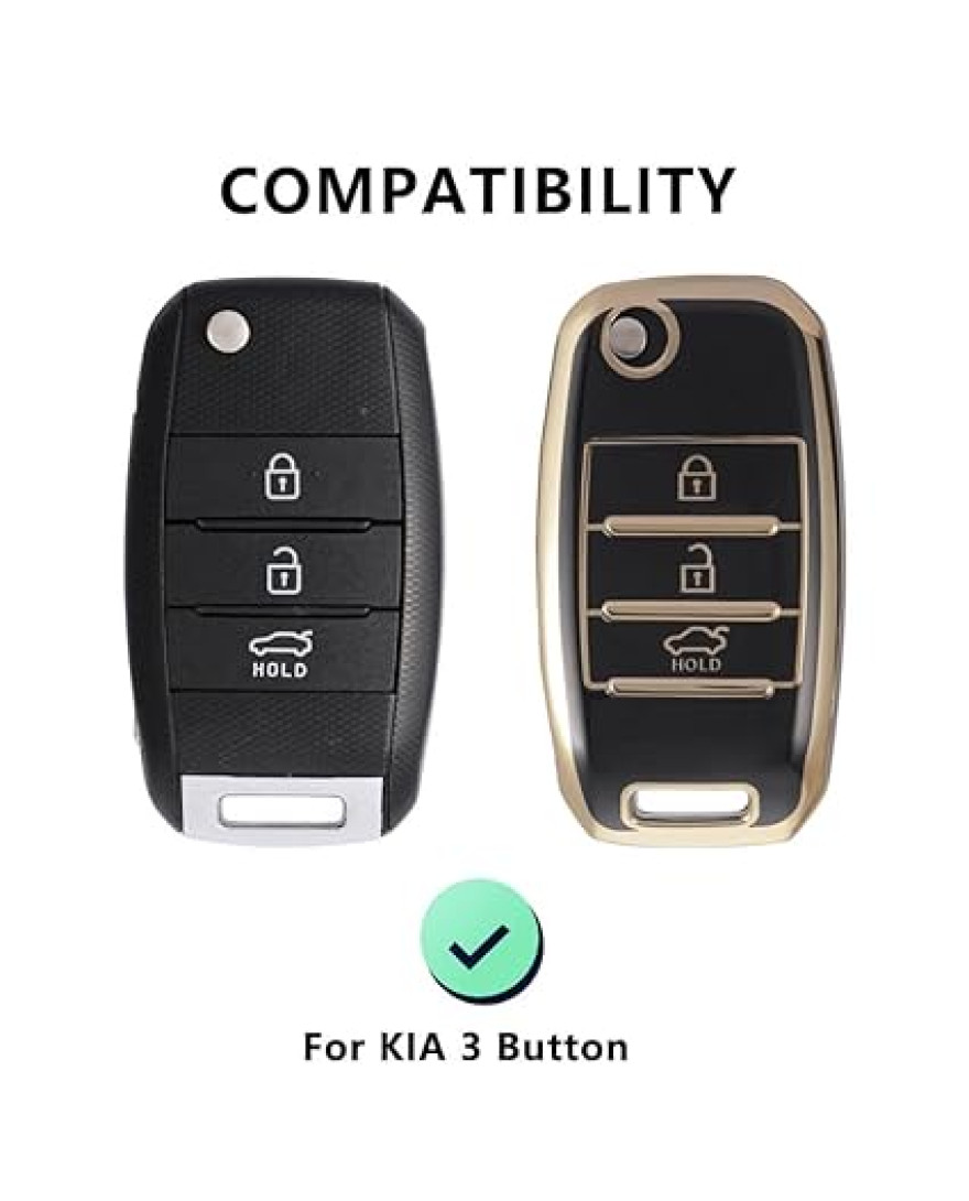 Keycare TPU Key Cover For Kia Seltos, Sonet, Carens 3 Button Flip Key | TP35 Gold Black