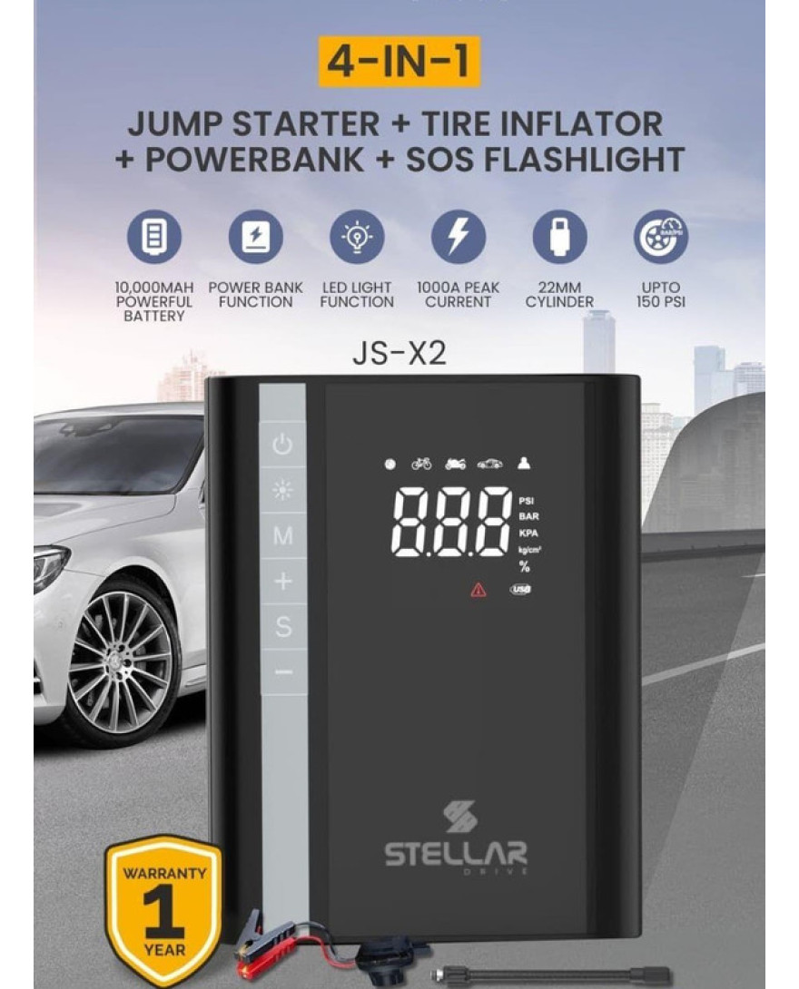 Stellar 4 in 1 Jump Starter, Tire Inflator, Power bank and SOS Flashlight JS-X2 Warranty 1 Year