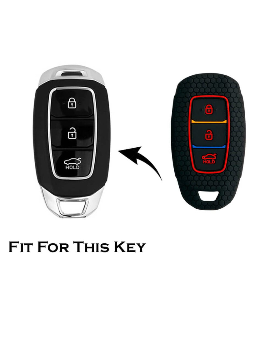 Keycare Silicon Key Cover KC41 Compatible for i20 2023, Kona, Verna 2018 Onwards Smart Key | Push Button Start Models | Black