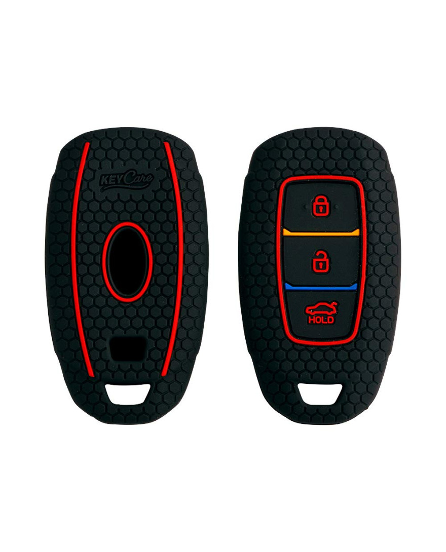 Keycare Silicon Key Cover KC41 Compatible for i20 2023, Kona, Verna 2018 Onwards Smart Key | Push Button Start Models | Black