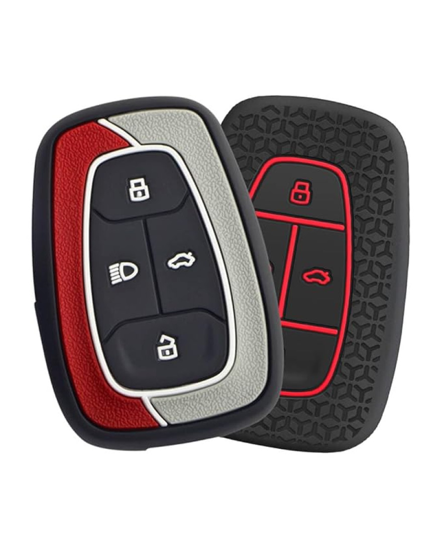 KeyCare Duo Style Key Cover KC D03 Compatible for Tata Nexon, Harrier, Safari, Altroz, Tigor, Punch Smart Key | 4 Button Smart Key | Red/Grey