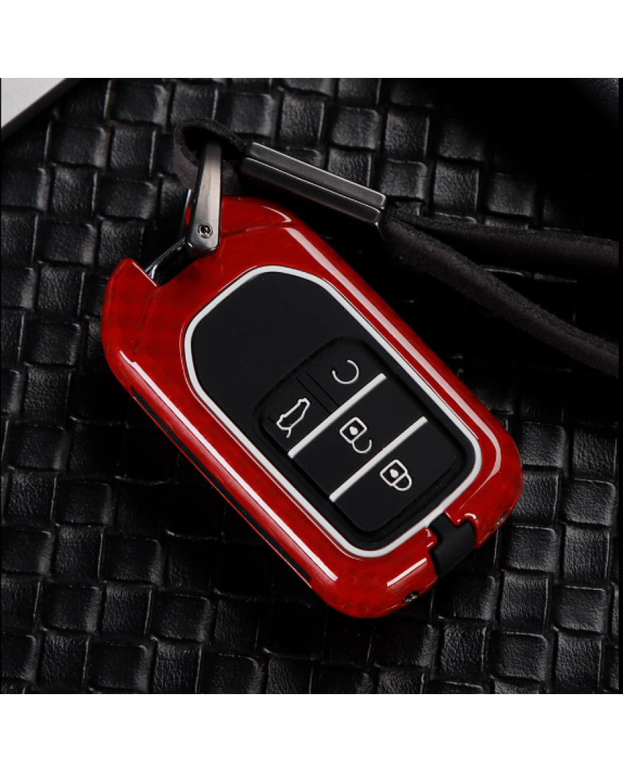 Keycare Premium Metal Alloy Key Case for Honda CIVIC | Metal HON 4 | Colour Carbon Fiber Red And Black