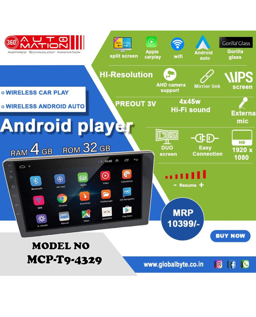 Global Byte Android Player TS9 2+32 9inch |Carplay With Fake DSP | MCP/T9-4329