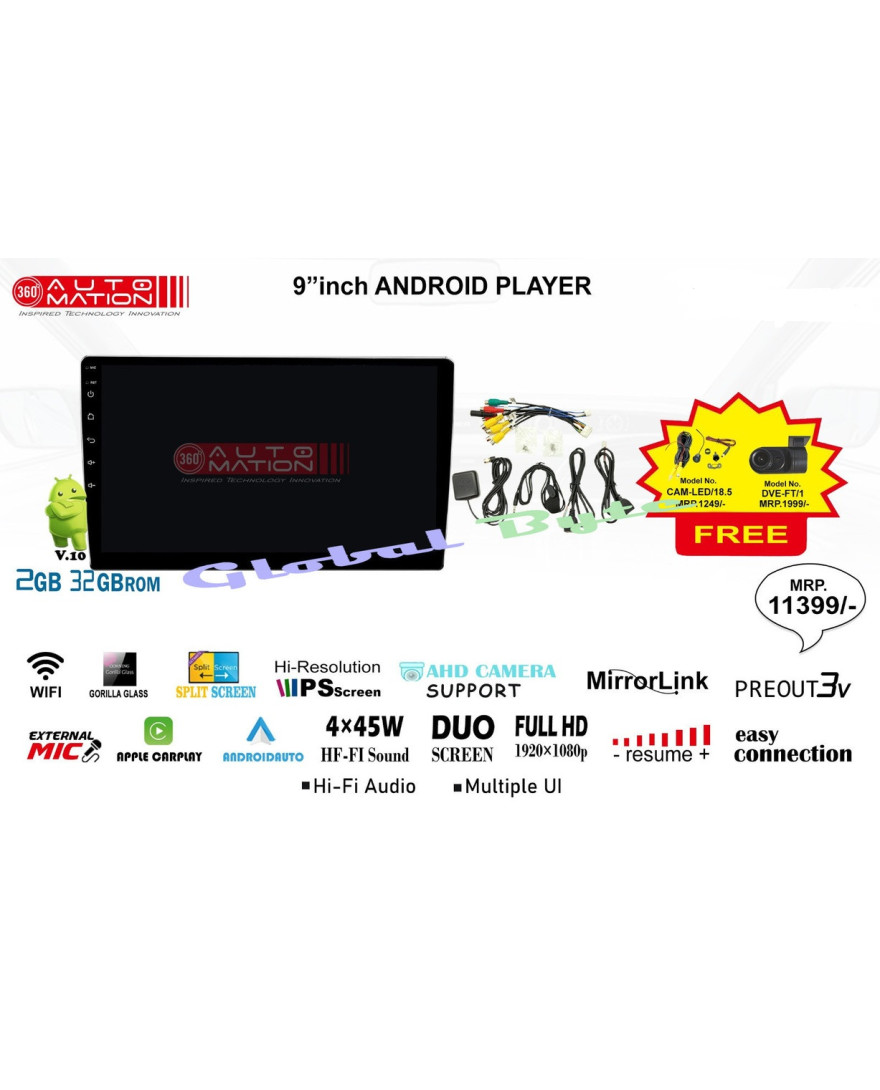 Global Byte Android Player TS9 2+32 9inch | Carplay+Fake DSP| Special Model Front DVR / LED Camera FOC