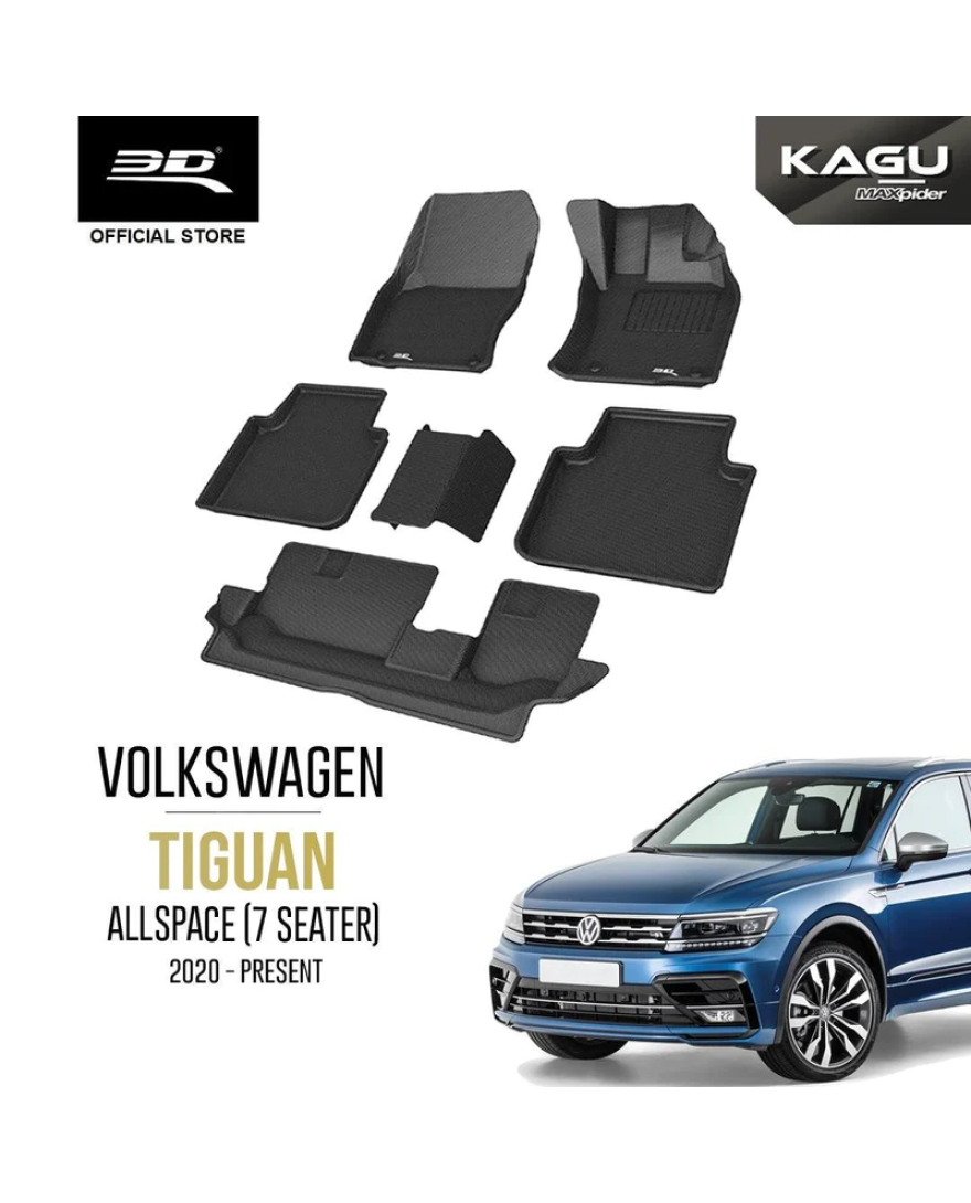 3D Kagu  Floor Mat For  VOLKSWAGEN TIGUAN ALLSPACE  |  2020 to 2023 | Complete Set | Custom Fit | BLACK 