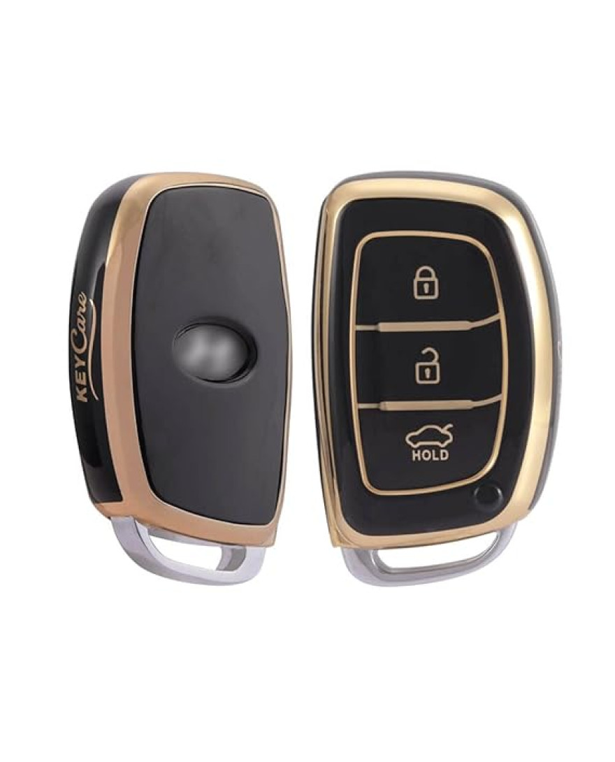 Keycare TPU Key Cover Compatible for: Creta, Grand i10, Xcent, Tucson, Elantra, Elite i20, Active i20, Aura 3 Button Smart Key | Push Button Start Models only | TP07 Gold Black