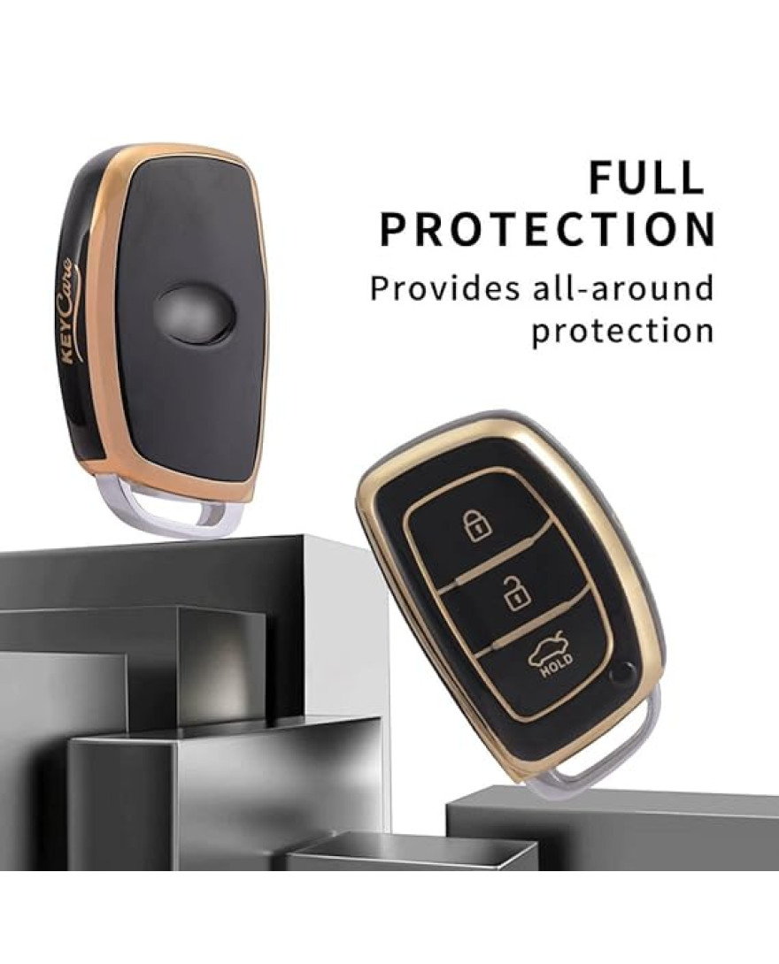 Keycare TPU Key Cover Compatible for: Creta, Grand i10, Xcent, Tucson, Elantra, Elite i20, Active i20, Aura 3 Button Smart Key | Push Button Start Models only | TP07 Gold Black