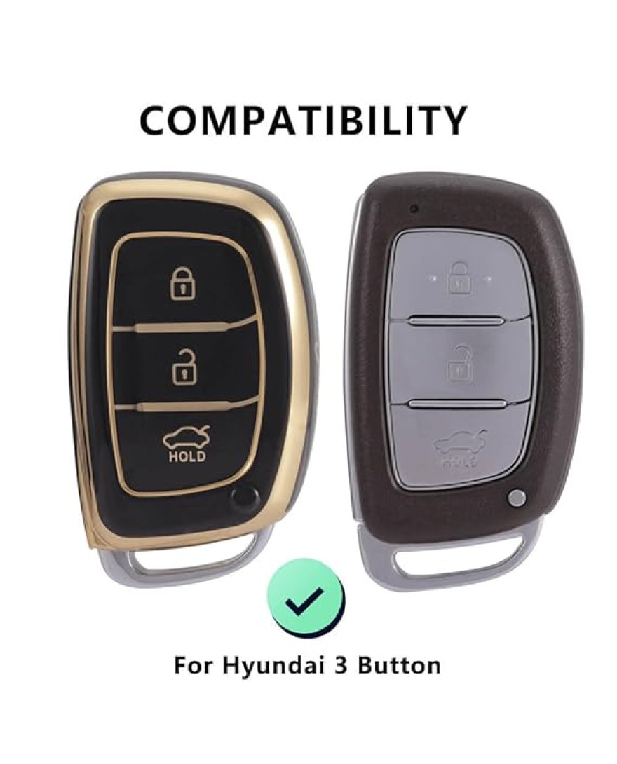 Keycare TPU Key Cover Compatible for: Creta, Grand i10, Xcent, Tucson, Elantra, Elite i20, Active i20, Aura 3 Button Smart Key | Push Button Start Models only | TP07 Gold Black