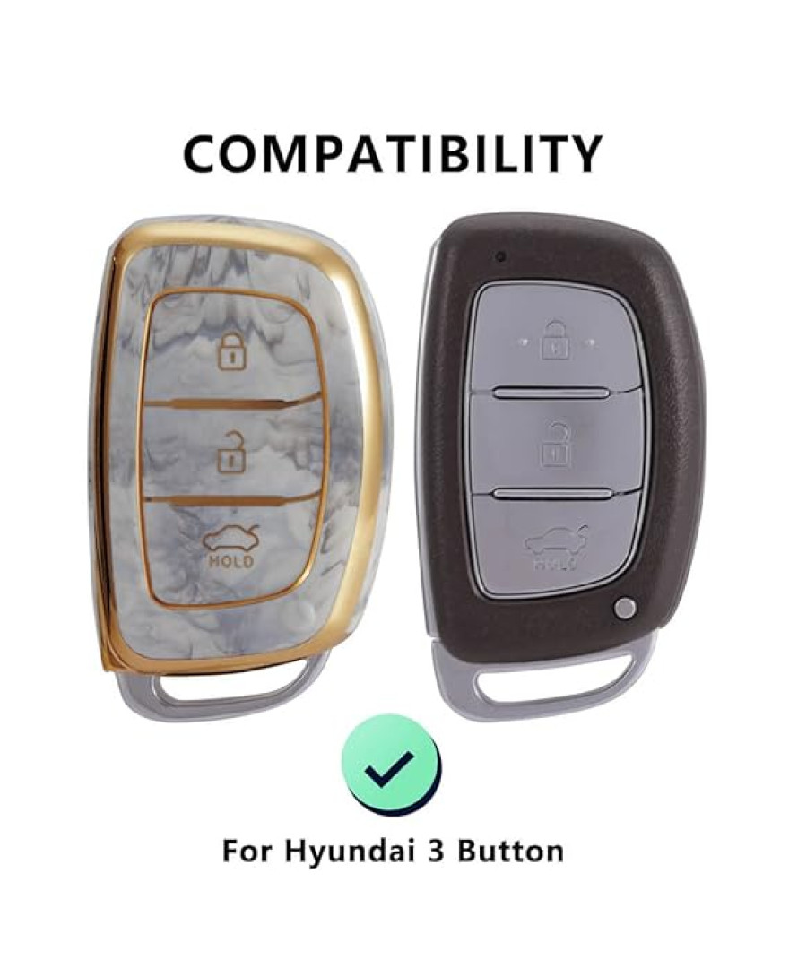 Keycare TPU Key Cover Compatible for: Creta, Grand i10, Xcent, Tucson, Elantra, Elite i20, Active i20, Aura 3 Button Smart Key | Push Button Start Models only | TP07 Marbal Finish