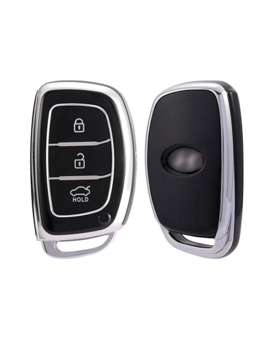 Keycare TPU Key Cover Compatible for: Creta, Grand i10, Xcent, Tucson, Elantra, Elite i20, Active i20, Aura 3 Button Smart Key | Push Button Start Models only | TP07 Silver Black