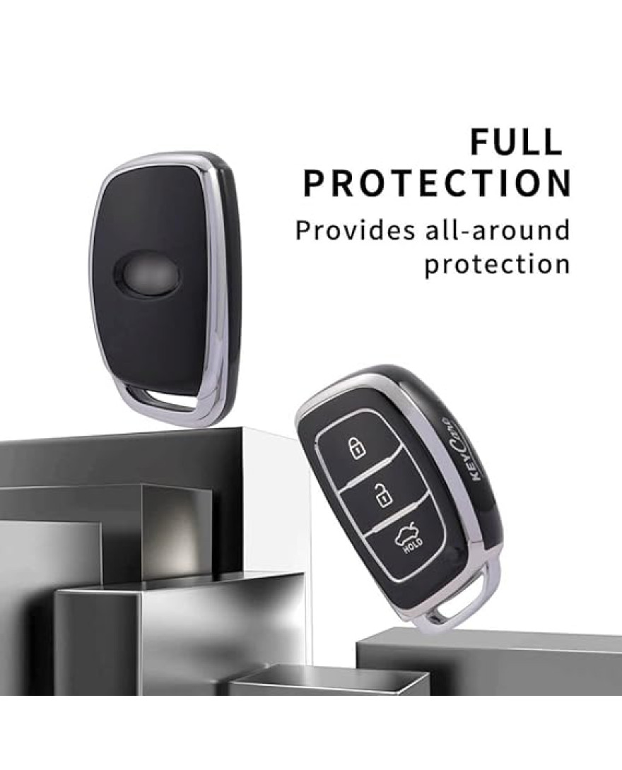 Keycare TPU Key Cover Compatible for: Creta, Grand i10, Xcent, Tucson, Elantra, Elite i20, Active i20, Aura 3 Button Smart Key | Push Button Start Models only | TP07 Silver Black