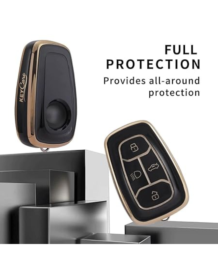 Keycare TPU Key Cover Compatible for Nexon, Harrier, Tigor BS6, Tigor EV, Safari 2021, Altroz, Safari Gold, Gravitas, Punch Smart Key | TP08 Gold Black