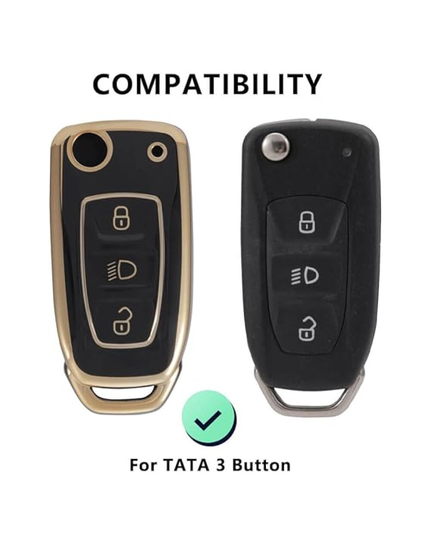 Keycare TPU Key Cover Compatible for Zest, Bolt, Zica, Tiago, Tigor, Nexon, Hexa, Safari Storme, Harrier flip Key | TP29 Gold Black