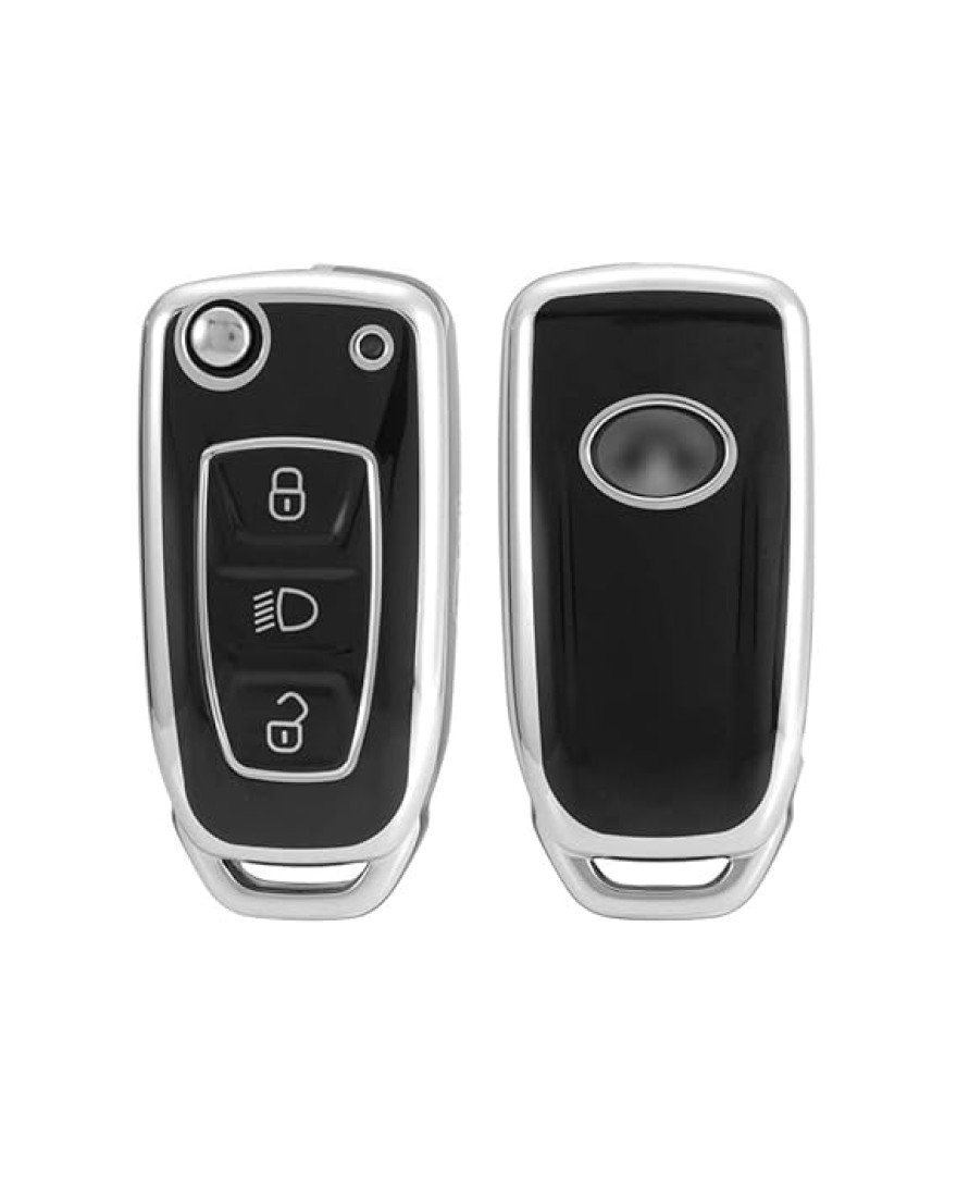 Keycare TPU Key Cover Compatible for Zest, Bolt, Zica, Tiago, Tigor, Nexon, Hexa, Safari Storme, Harrier flip Key | TP29 Silver Black