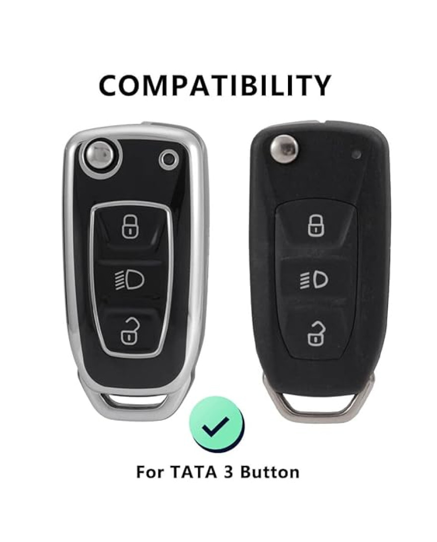 Keycare TPU Key Cover Compatible for Zest, Bolt, Zica, Tiago, Tigor, Nexon, Hexa, Safari Storme, Harrier flip Key | TP29 Silver Black