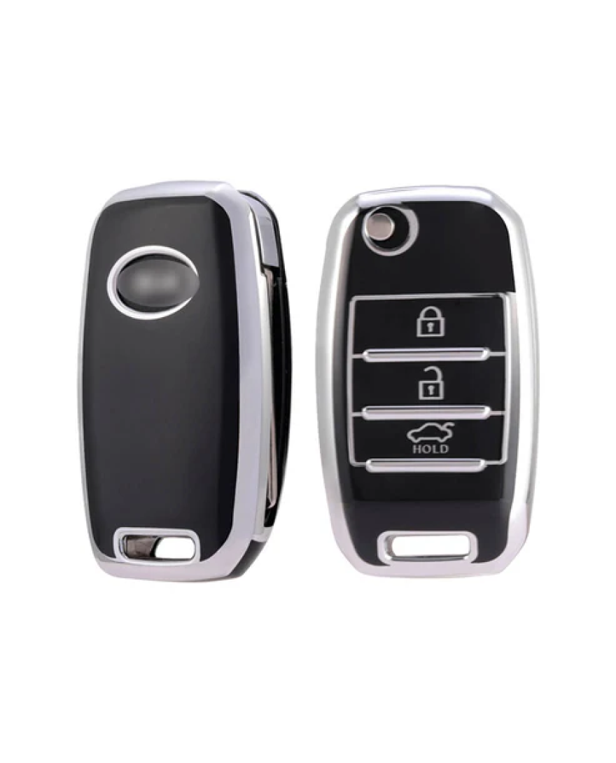 Keycare TPU Key Cover For Kia Seltos, Sonet, Carens 3 Button Flip Key | TP35 Silver Black