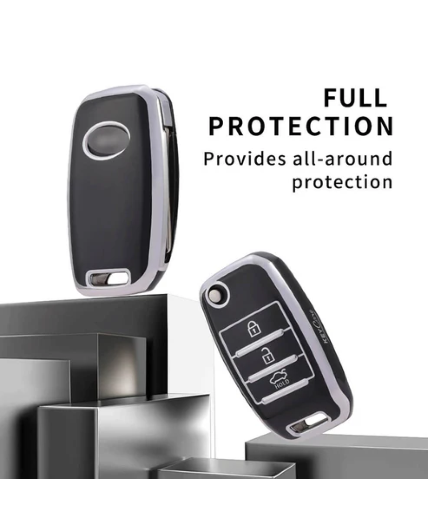 Keycare TPU Key Cover For Kia Seltos, Sonet, Carens 3 Button Flip Key | TP35 Silver Black