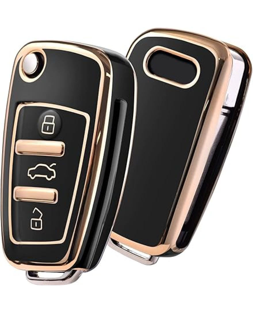 keycare TPU key cover and keychain for Audi Q3, A3, Q7, A1 3 button flip key | TP57 Gold Black