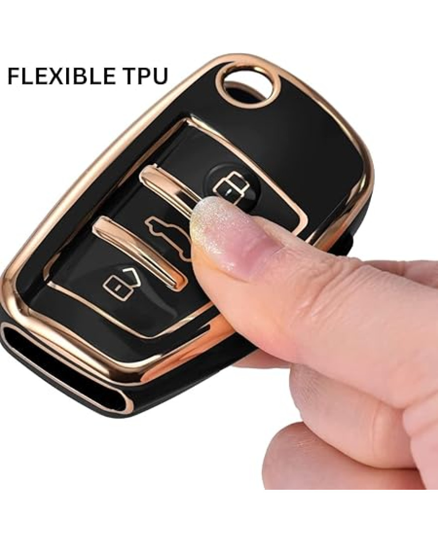 keycare TPU key cover and keychain for Audi Q3, A3, Q7, A1 3 button flip key | TP57 Gold Black