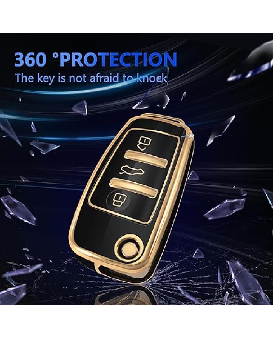 keycare TPU key cover and keychain for Audi Q3, A3, Q7, A1 3 button flip key | TP57 Gold Black