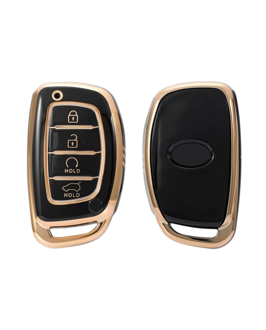 Keycare TPU Key Cover Compatible for Alcazar and Creta 2021 4 Button Smart Key | TP67 Gold Black