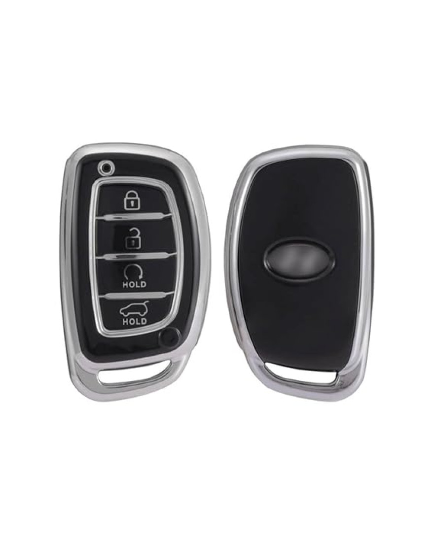 Keycare TPU Key Cover Compatible for Alcazar and Creta 2021 4 Button Smart Key | TP67 Silver Black