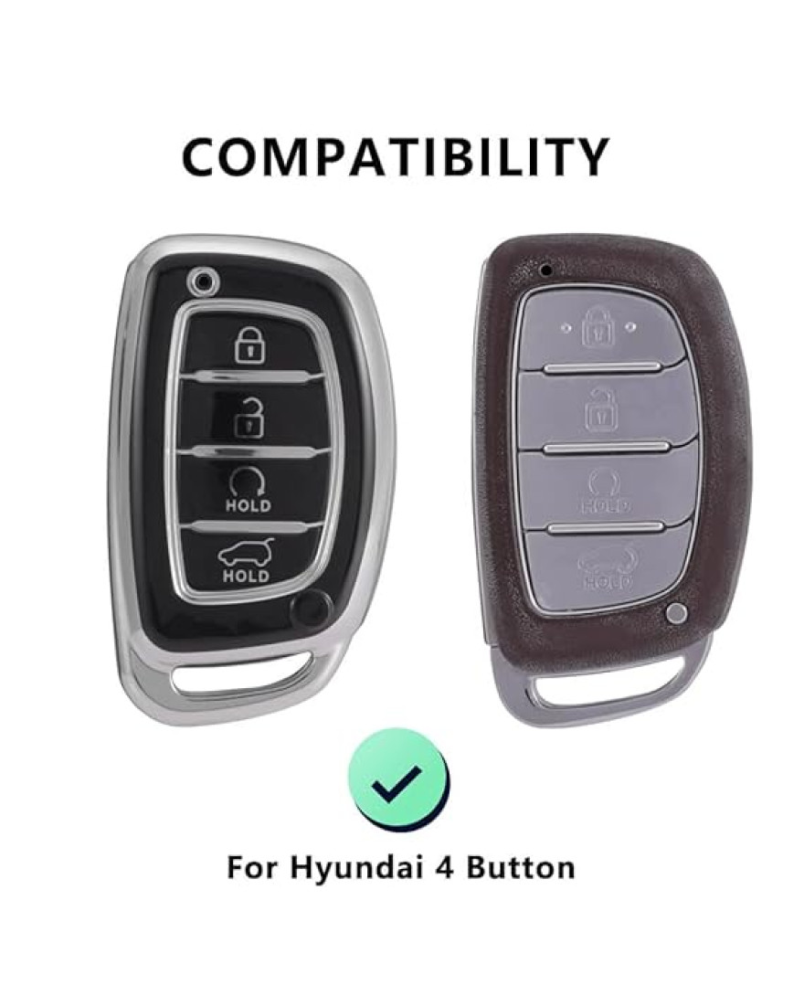 Keycare TPU Key Cover Compatible for Alcazar and Creta 2021 4 Button Smart Key | TP67 Silver Black