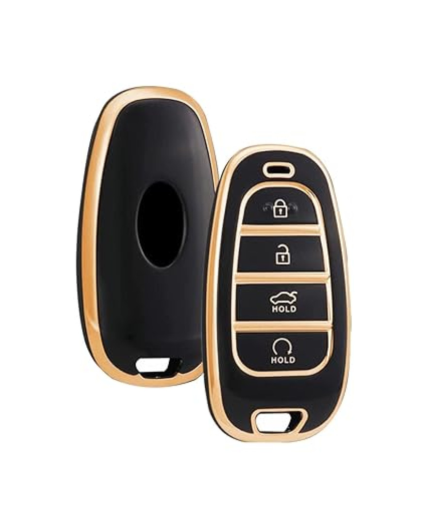 Keyzone TPU car Key Cover and Keychain Compatible for Hyundai Tucson 2022 4 Button Smart Key | TP74 Gold Black