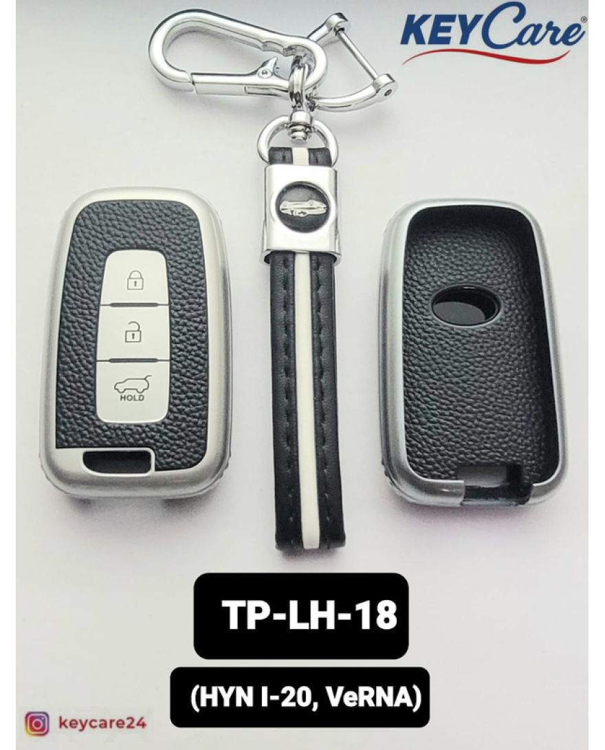 Key Care Leathet TPU Key Cover with Key Chain For Hyundau i20 and Verna | Black Silver TPU L TP LH 18